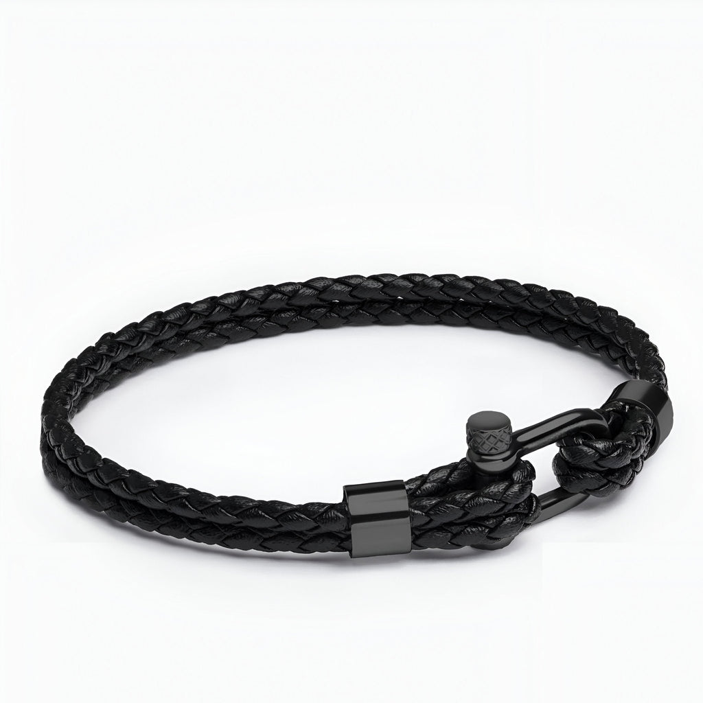Bracelet homme cordon cuir tressé noir avec mousqueton acier inoxydable noir mat.