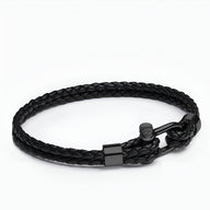 Bracelet homme cordon cuir tressé noir avec mousqueton acier inoxydable noir mat.