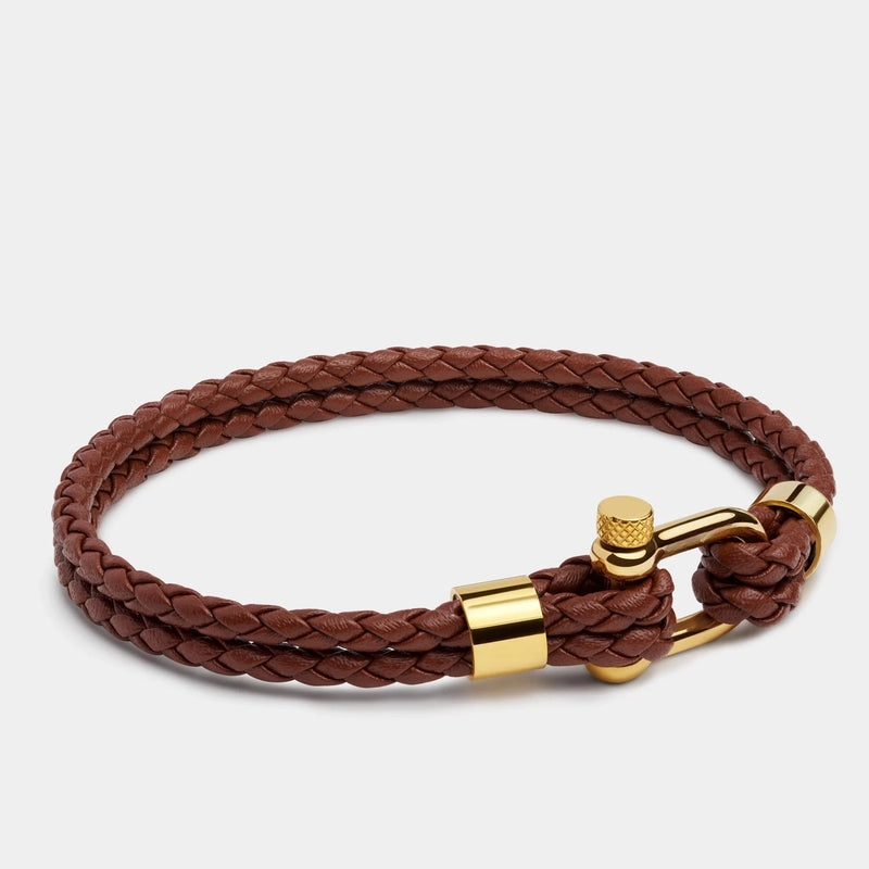 Bracelet cordon en cuir marron tressé avec mousqueton doré en acier inoxydable, style Ludo.