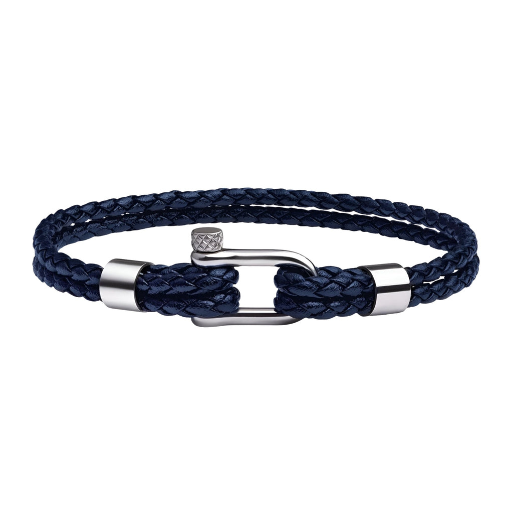 Bracelet cordon bleu marine en cuir tressé avec mousqueton en acier inoxydable argenté.