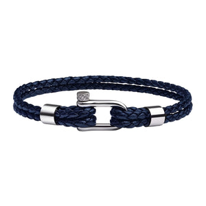 Bracelet cordon bleu marine en cuir tressé avec mousqueton en acier inoxydable argenté.
