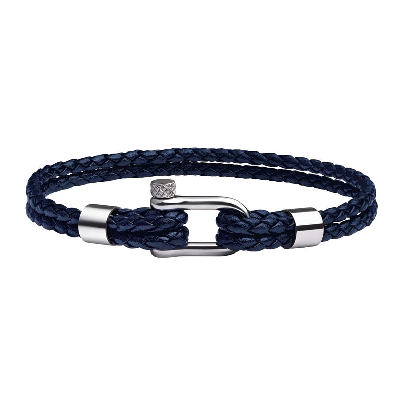 Bracelet cordon bleu marine en cuir tressé avec mousqueton en acier inoxydable argenté.