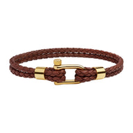 Bracelet cordon en cuir marron tressé avec mousqueton doré en acier inoxydable pour homme.