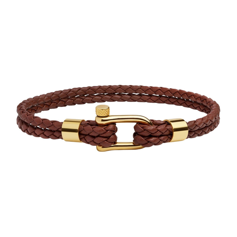 Bracelet cordon en cuir marron tressé avec mousqueton doré en acier inoxydable pour homme.
