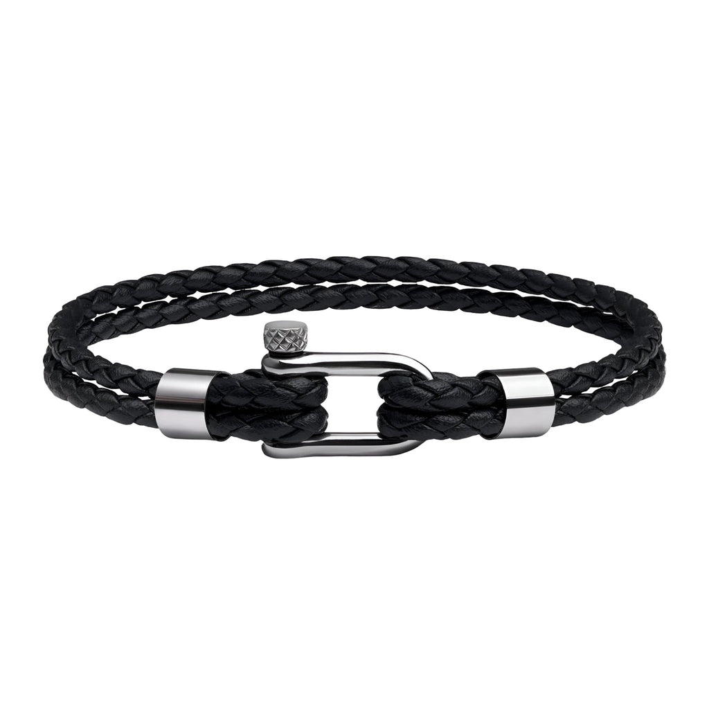 Bracelet homme en cuir noir tressé avec mousqueton acier inoxydable argenté modèle Ludo.