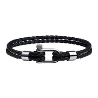 Bracelet homme en cuir noir tressé avec mousqueton acier inoxydable argenté modèle Ludo.