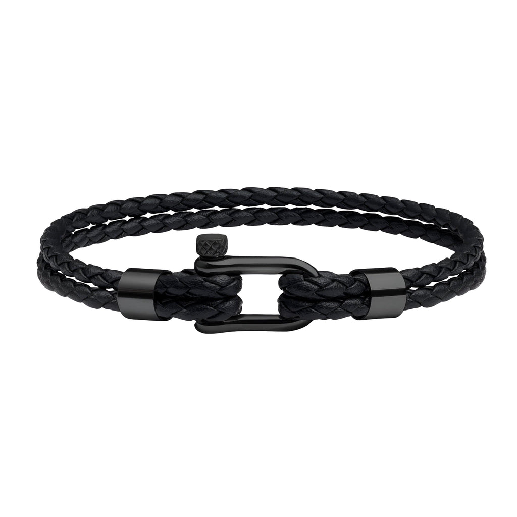 Bracelet cordon noir tressé avec mousqueton en acier inoxydable noir, style homme Ludo.