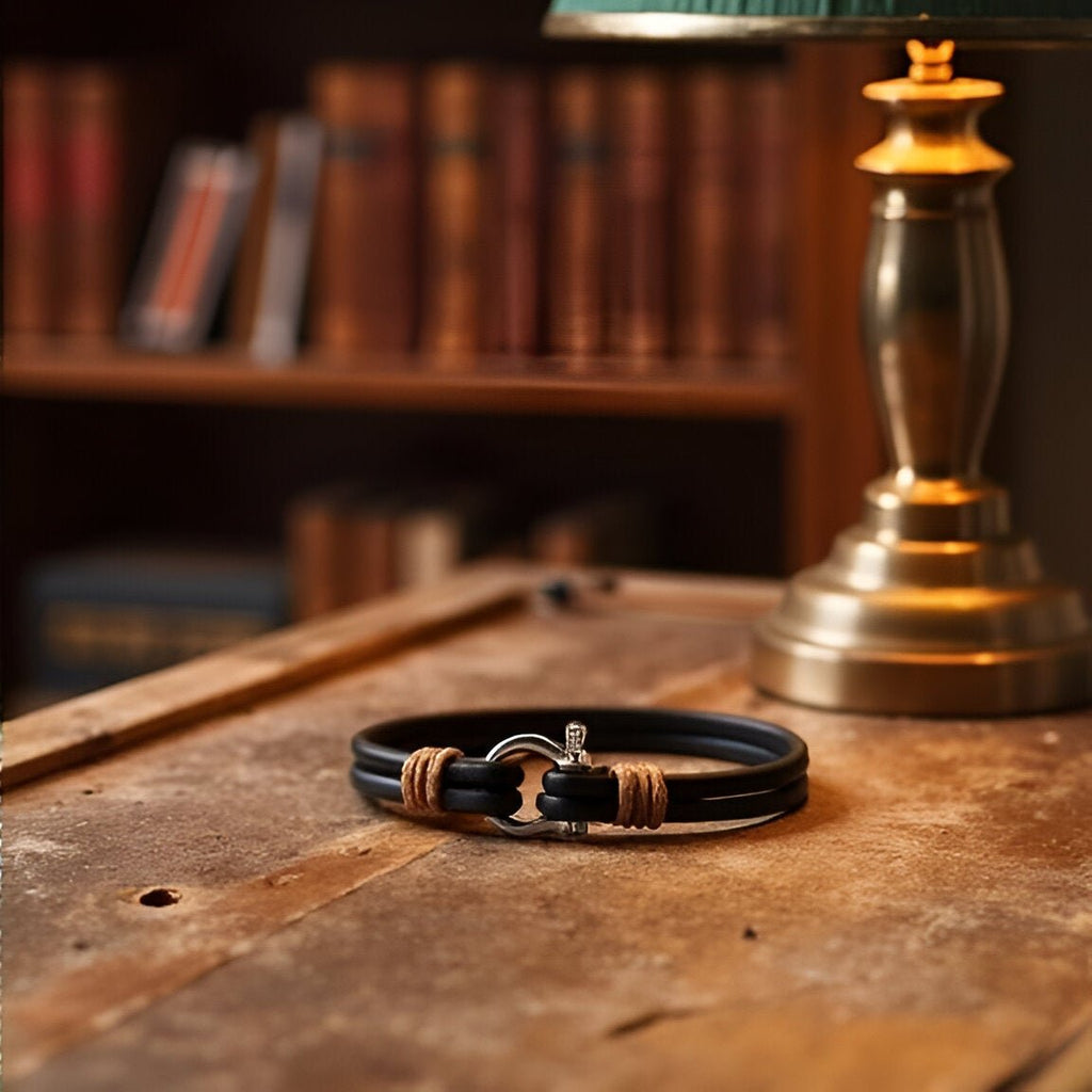 Bracelet homme cordon noir en cuir avec mousqueton acier inoxydable sur table en bois.