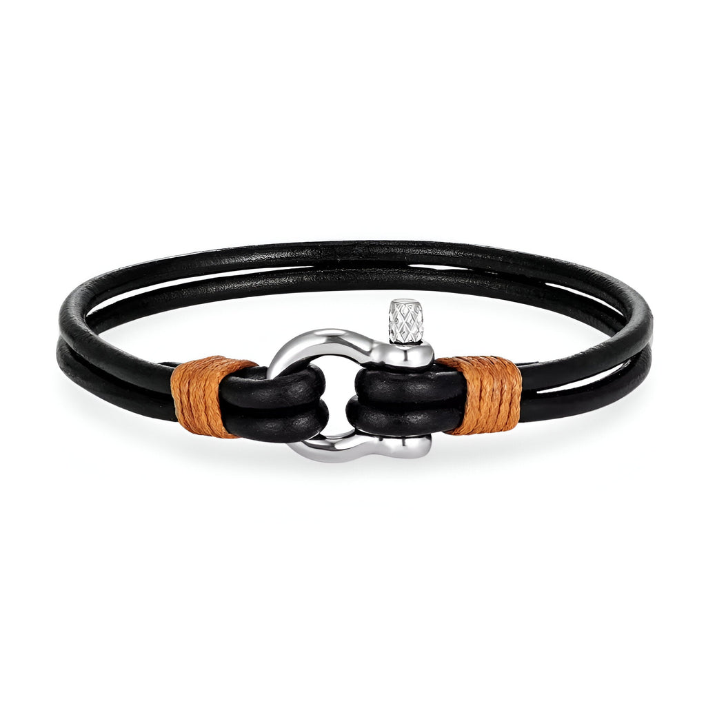 Bracelet cordon noir en cuir avec attache mousqueton en acier inoxydable et détails en fil café.