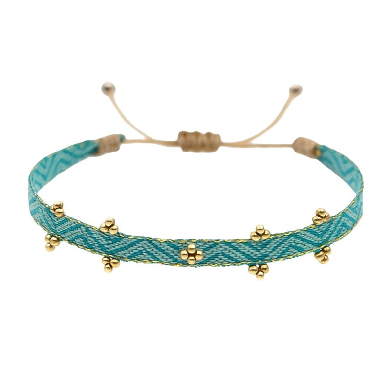 Bracelet cordon bleu en mélange polyester-coton avec perles de verre japonaises dorées, ajustable.