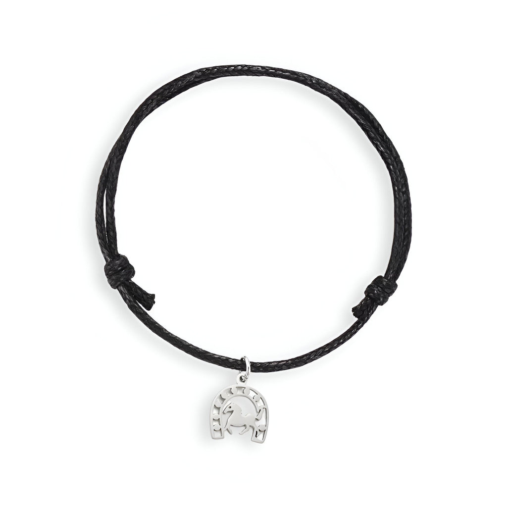 Bracelet cordon noir avec pendentif fer à cheval en acier inoxydable, modèle Patricia, femme.