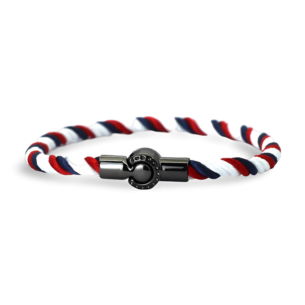 Bracelet cordon tricolore bleu blanc rouge avec fermoir magnétique noir pour homme.