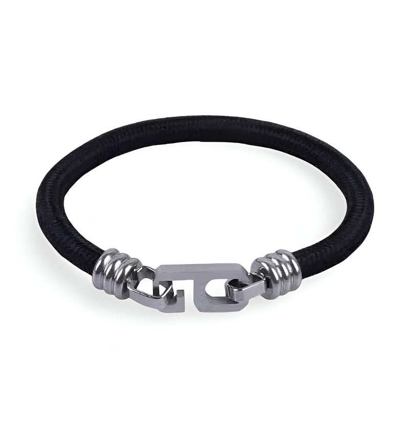 Bracelet cordon noir pour homme avec fermoir argenté moderniste en métal.