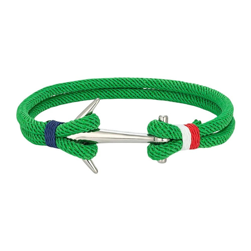 Bracelet cordon vert avec ancre en acier inoxydable, détails bleu et rouge, ajustable.