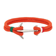 Bracelet cordon marin orange avec ancre en acier inoxydable, détails verts et rouges, modèle Tilo.