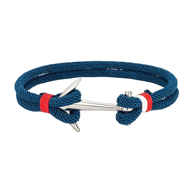 Bracelet cordon marin bleu avec ancre en acier inoxydable et détails rouges ajustable.
