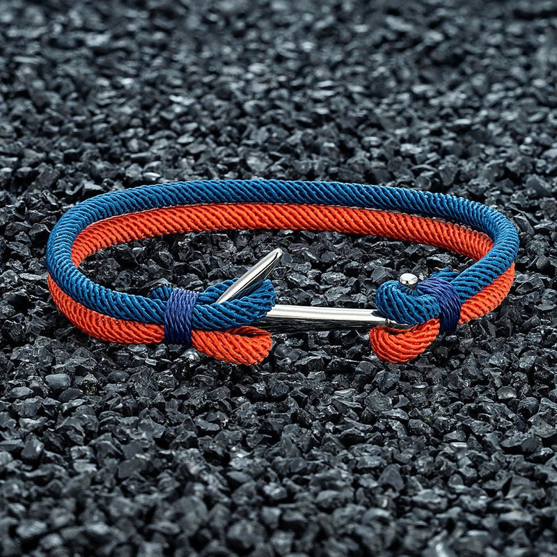 Bracelet cordon marin bleu et orange avec ancre en acier inoxydable ajustable modèle Tilo.