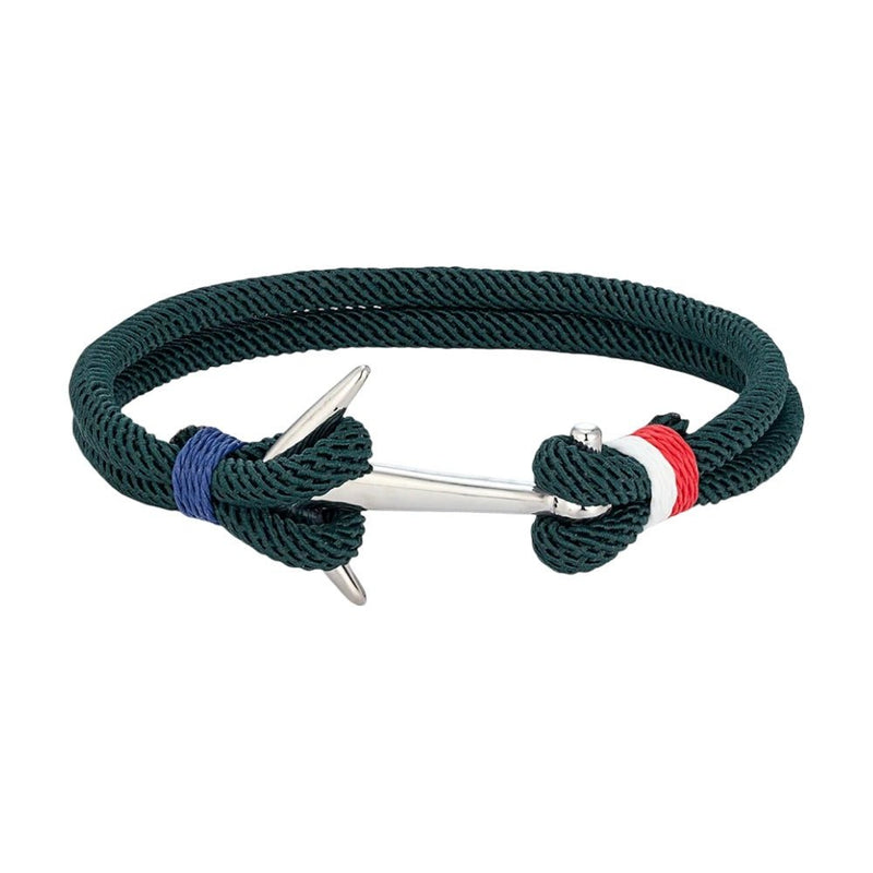 Bracelet cordon marin vert foncé avec ancre acier inoxydable et fils bleu et rouge tressés.