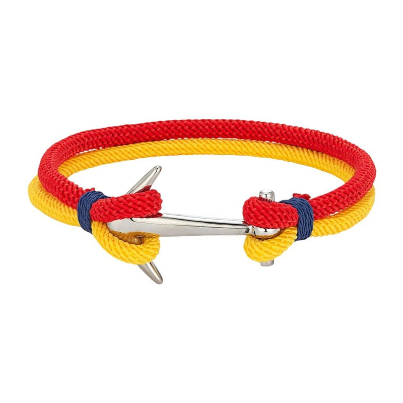 Bracelet cordon rouge et jaune à ancre en acier inoxydable, fil tressé, fermoir ajustable bleu.