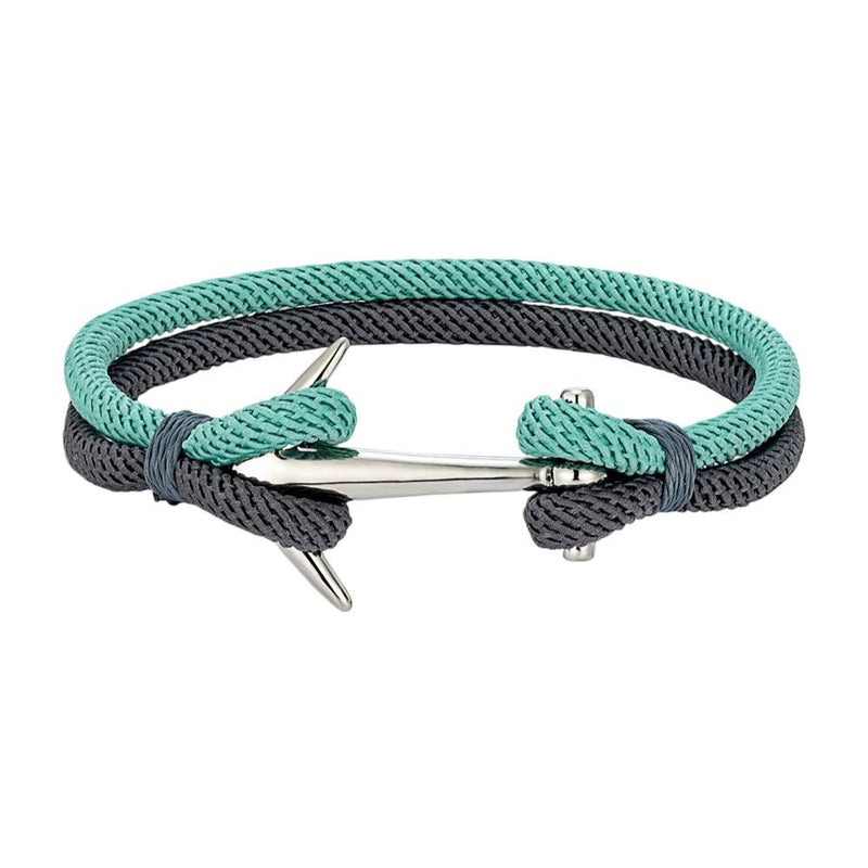 Bracelet cordon marin bleu turquoise et gris avec ancre en acier inoxydable ajustable.