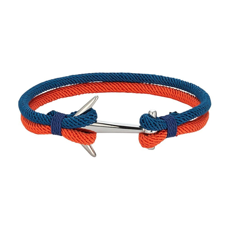 Bracelet cordon marin bleu et orange avec ancre en acier inoxydable ajustable.