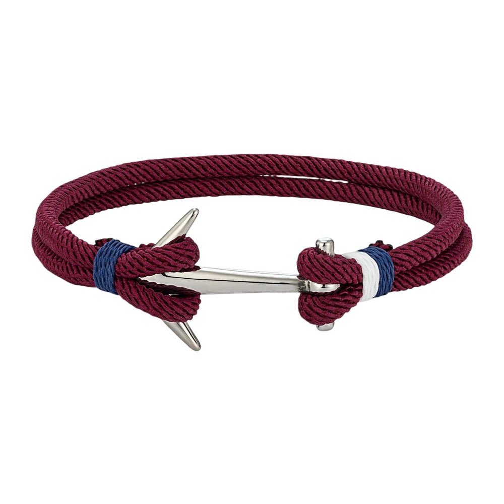 Bracelet cordon bordeaux avec ancre argentée en acier inoxydable et détails bleus, modèle Tilo.