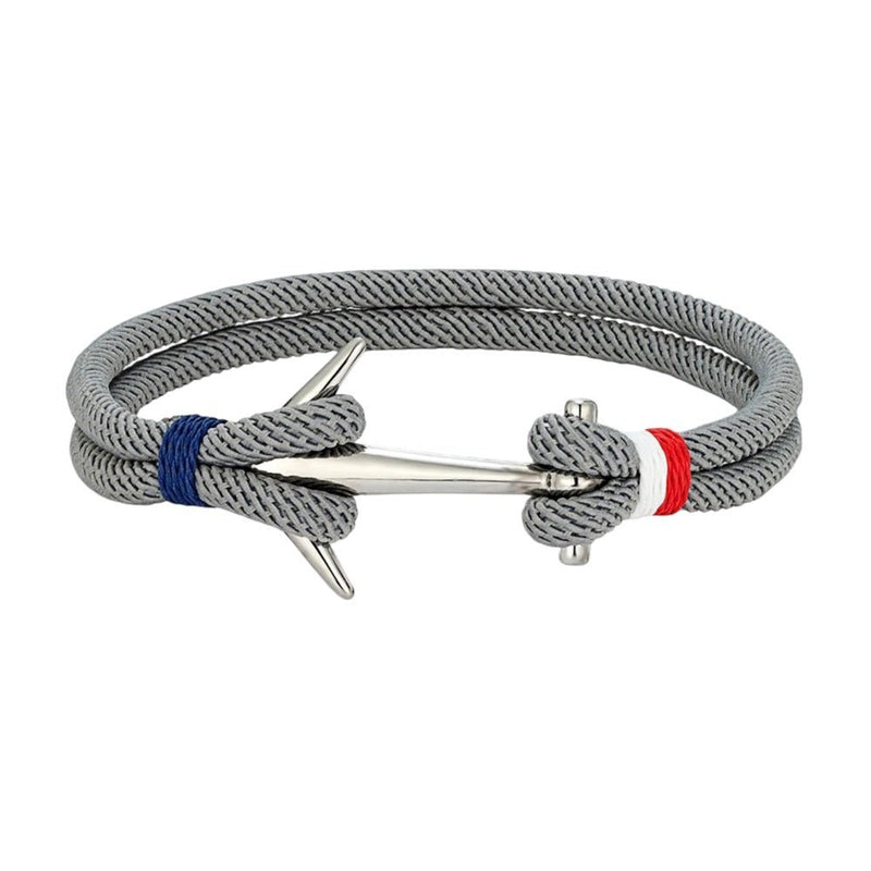 Bracelet cordon marin gris à ancre en acier inoxydable avec nœuds bleu et rouge, ajustable.