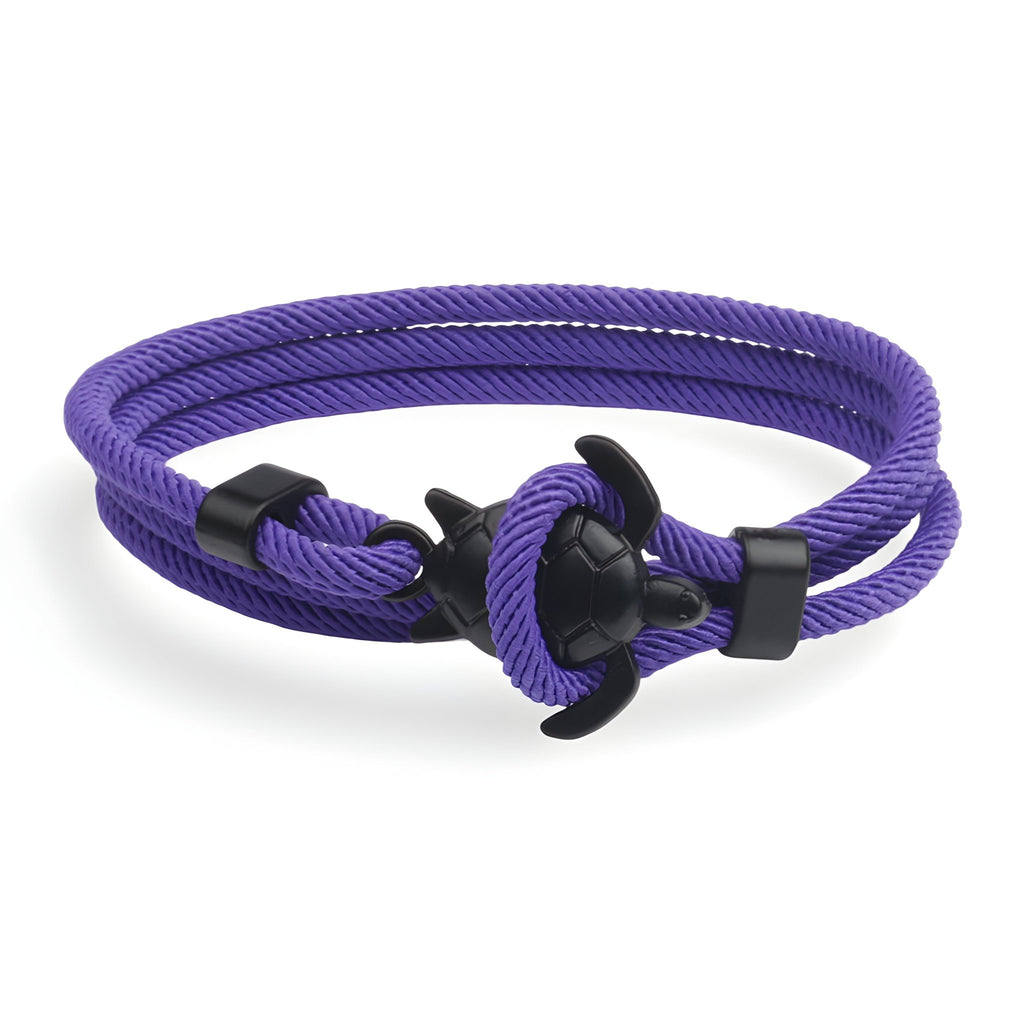 Bracelet cordon violet avec fermeture tortue noire moderne et ajustable.