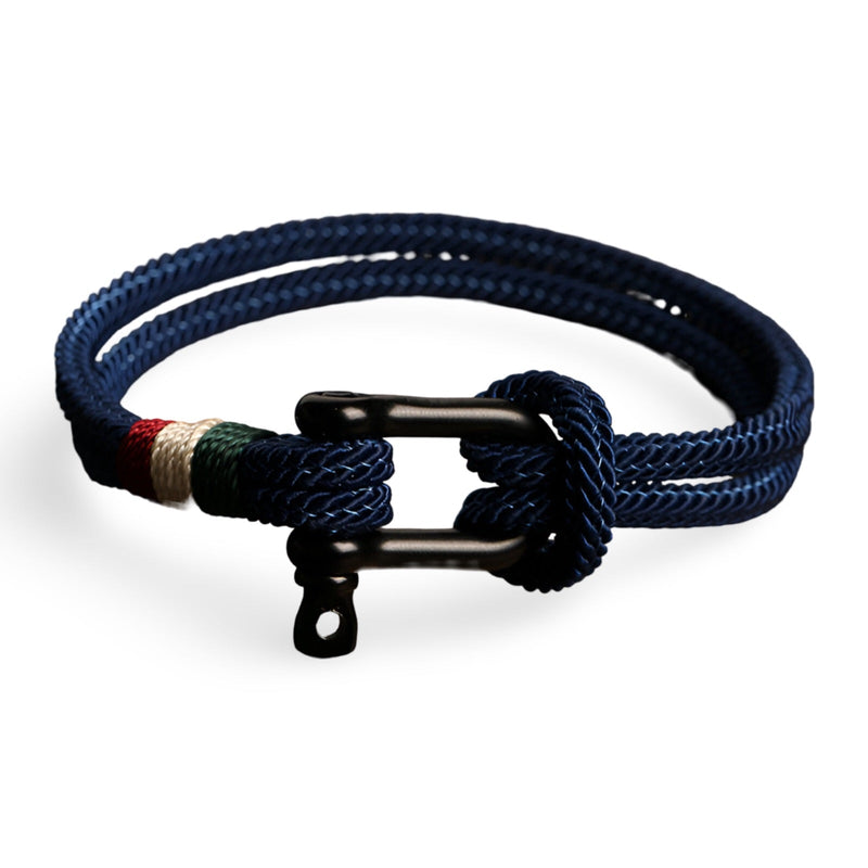 Bracelet cordon bleu avec mousqueton noir en acier inoxydable, style marin élégant.
