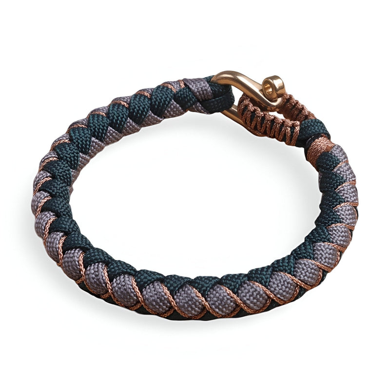 Bracelet en paracorde tressée bleu et beige avec mousqueton doré, style Jasmin.