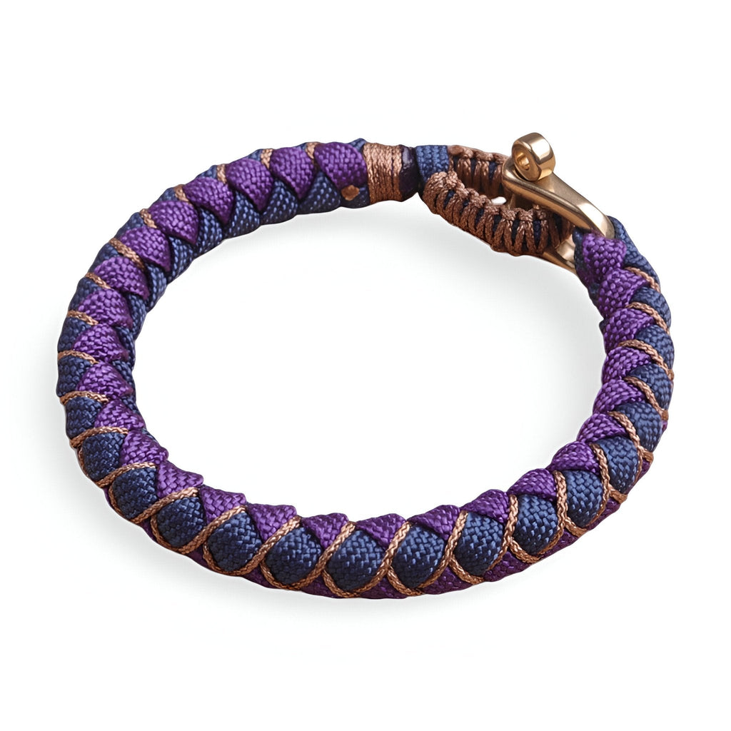 Bracelet cordon Jasmin en paracorde violet et marron avec mousqueton métallique doré.