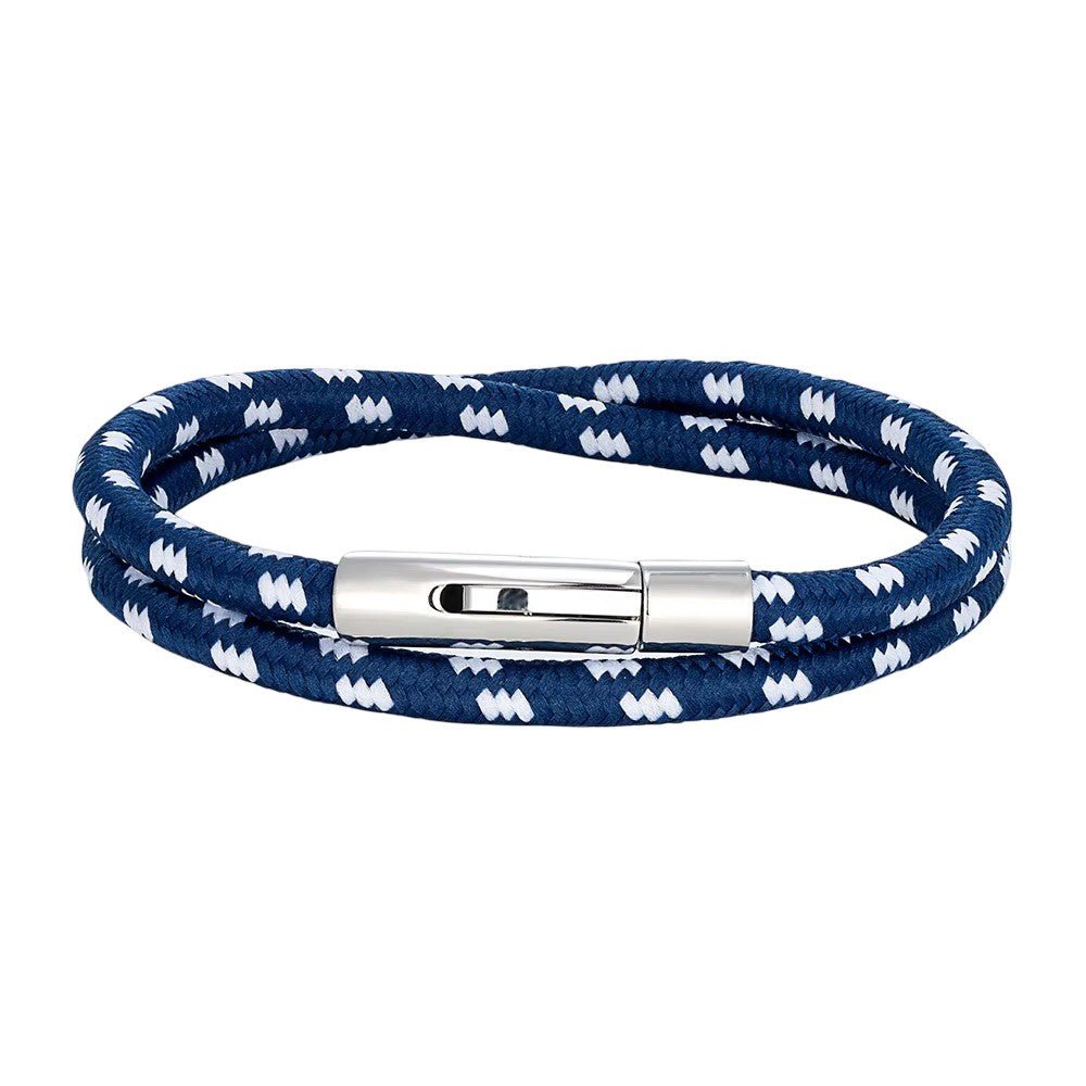 Bracelet cordon nautique bleu marine à double brin tressé, boucle magnétique en acier inoxydable argenté, style marin.