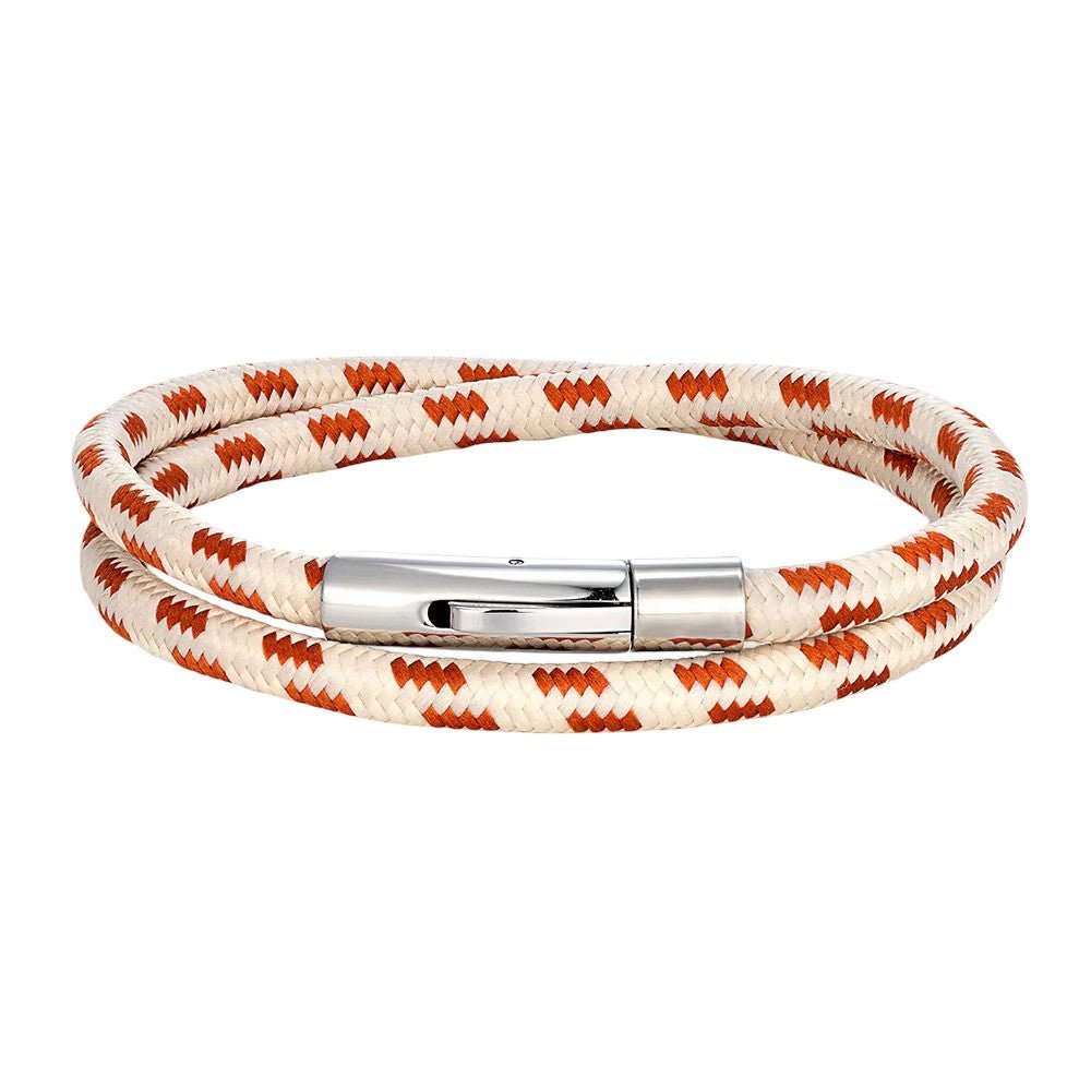 Bracelet cordon beige et orange à double brin tressé avec boucle magnétique en acier inoxydable, style nautique élégant.