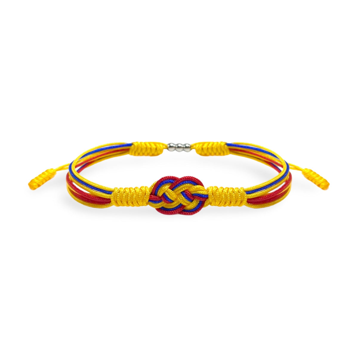 Bracelet cordon jaune, rouge et bleu avec noeud multicolore central, style tressé, modèle Clove.