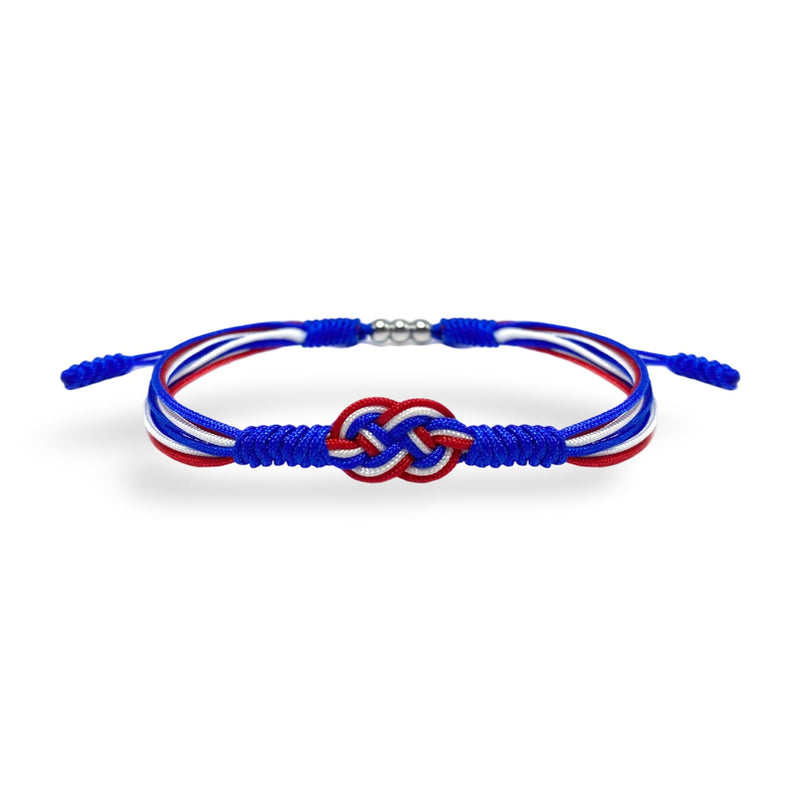 Bracelet cordon bleu, blanc, rouge avec nœud tricolore inspiré du drapeau français.