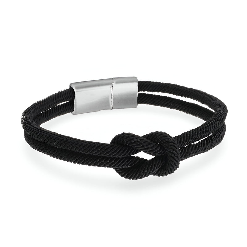 Bracelet cordon noir avec nœud et fermoir métallique argenté élégant.