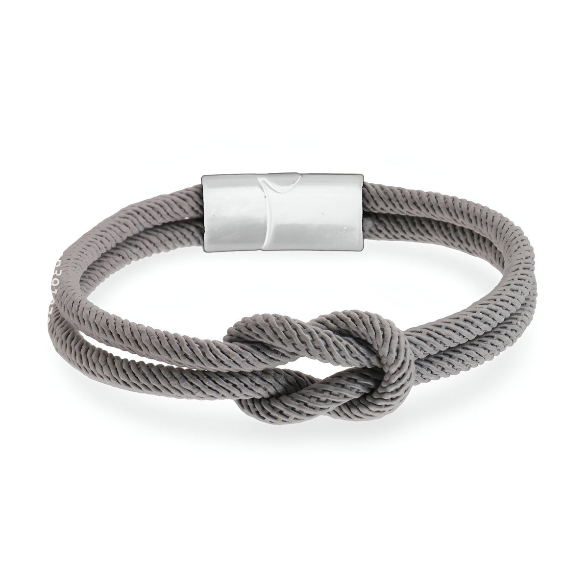 Bracelet cordon gris noué avec fermoir magnétique argenté, modèle Louan, uni, 19 cm.