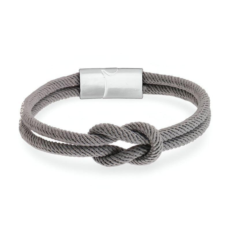 Bracelet cordon gris noué avec fermoir magnétique argenté, modèle Louan, uni, 19 cm.