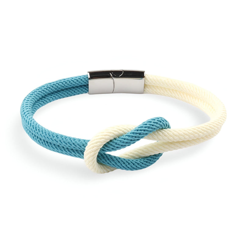 Bracelet cordon bi-colore bleu et blanc avec noeud et fermoir métal argenté.