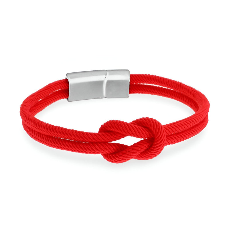 Bracelet cordon rouge avec noeud et fermoir métal argenté lisse.