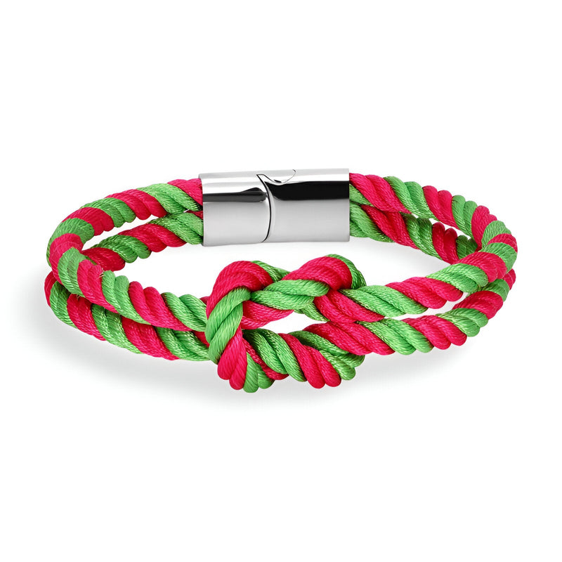 Bracelet cordon épais noué rouge et vert avec fermoir métallique argenté brillant.