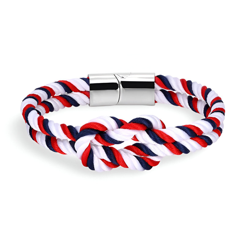 Bracelet cordon épais bleu blanc rouge avec nœud et fermoir métallique argenté.