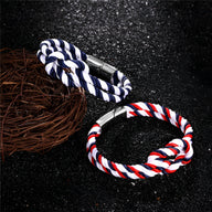 Bracelet cordon épais noué bleu et blanc avec fermoir métallique noir et argenté, bracelet cordon noué bleu blanc rouge avec .