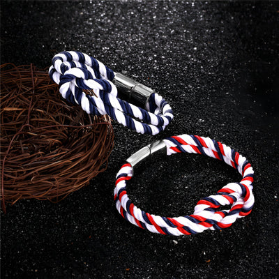 Bracelet cordon épais noué bleu et blanc avec fermoir métallique noir et argenté, bracelet cordon noué bleu blanc rouge avec .