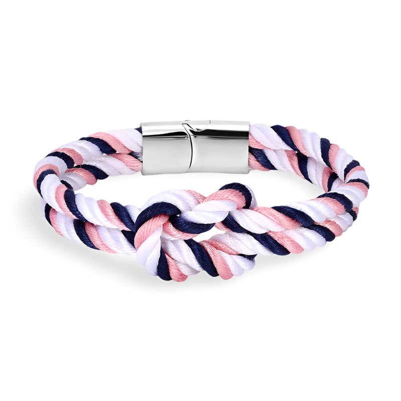 Bracelet cordon tressé rose, blanc et bleu avec fermoir métallique argenté, modèle Timéo.