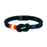 Bracelet cordon vert foncé avec noeud et détails drapeau espagnol rouge et jaune, fermoir noir mat.