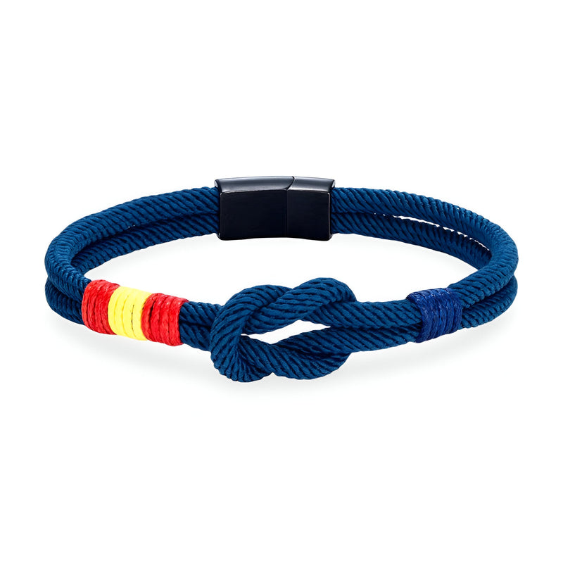 Bracelet cordon bleu marine avec nœud et drapeau espagnol en rouge et jaune, fermoir noir mat.