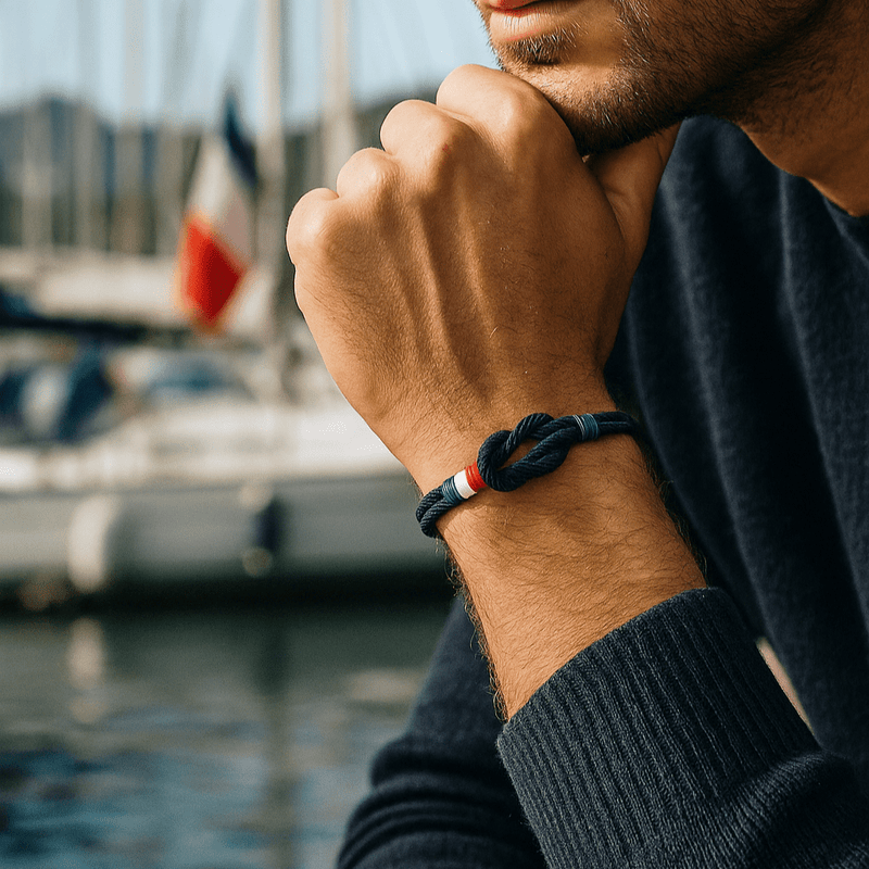 Bracelet cordon bleu marine avec noeud, détail drapeau français en tissu rouge, blanc et bleu, porté au poignet masculin.
