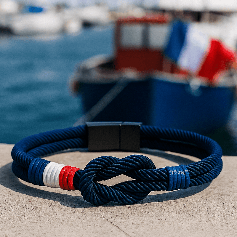 Bracelet cordon bleu marine noué avec sections rouge, blanc et bleu, fermoir noir mat.