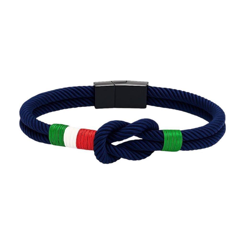 Bracelet cordon bleu marine avec noeud marin et fils aux couleurs du drapeau italien, fermoir métallique noir.